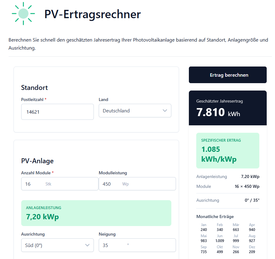 Screenshot des PV-Ertragsrechners