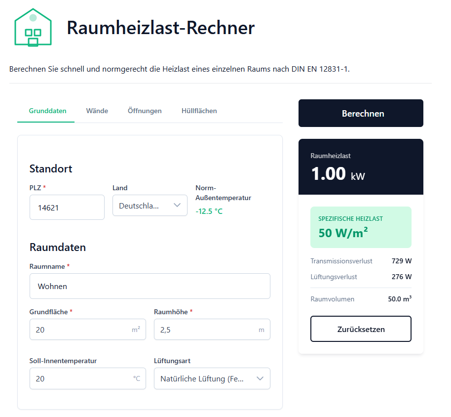 Screenshot des Raumheizlast-Rechners