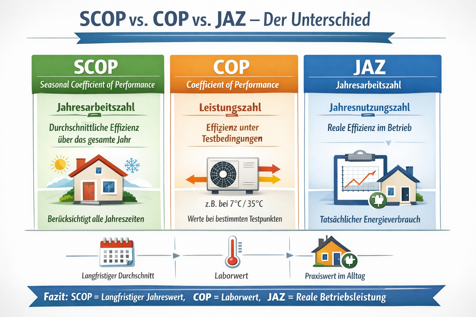 Vergleich von COP, SCOP und JAZ bei Wärmepumpen Übersicht der Kennzahlen COP, SCOP und JAZ