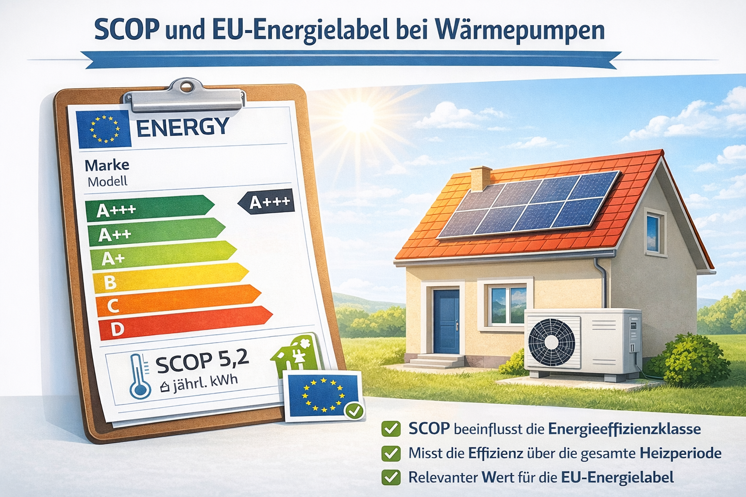 La etiqueta energética de la UE muestra el SCOP como indicador central de eficiencia Etiqueta energética de la UE de una bomba de calor con indicación SCOP